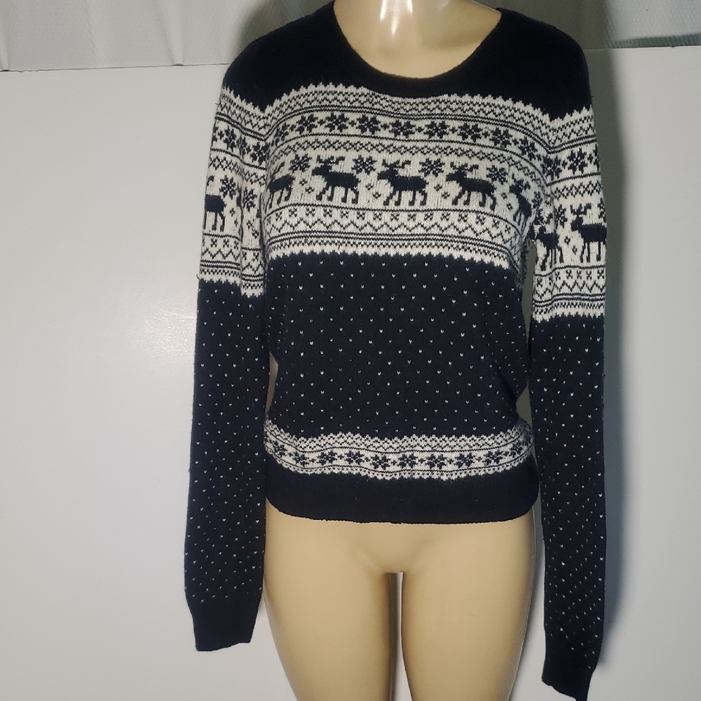 Abercrombie and Fitch Women's winter sweater Blue White Reindeer Sz L
